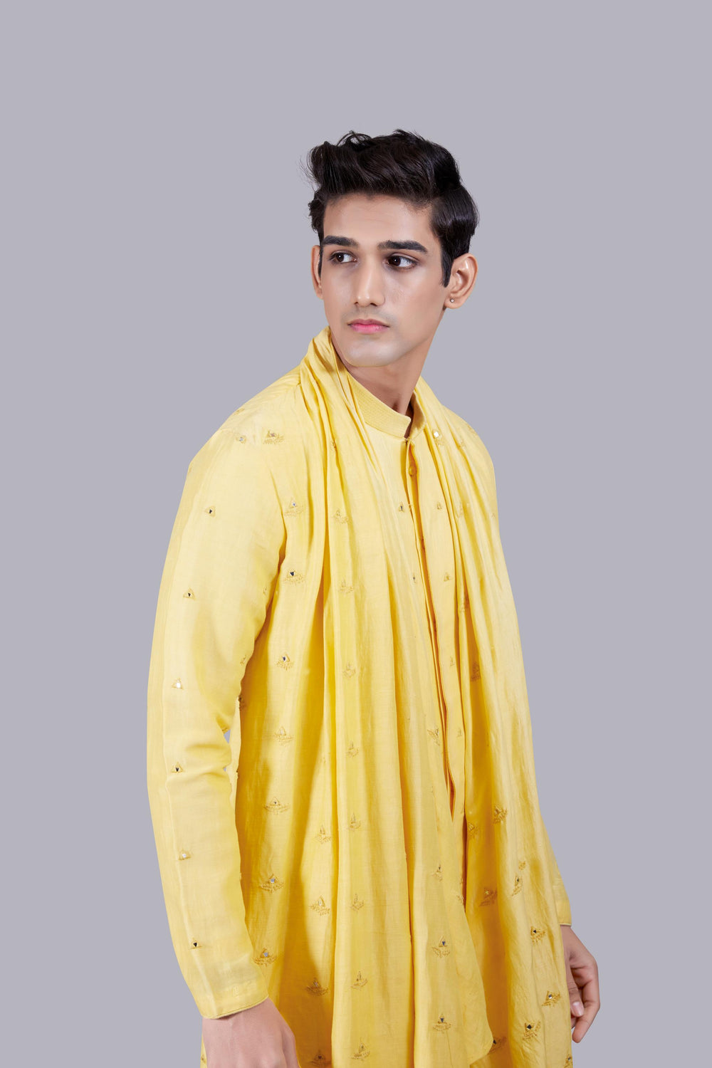 YELLOW PURE LINEN SILK THREAD WORK KURTA SET