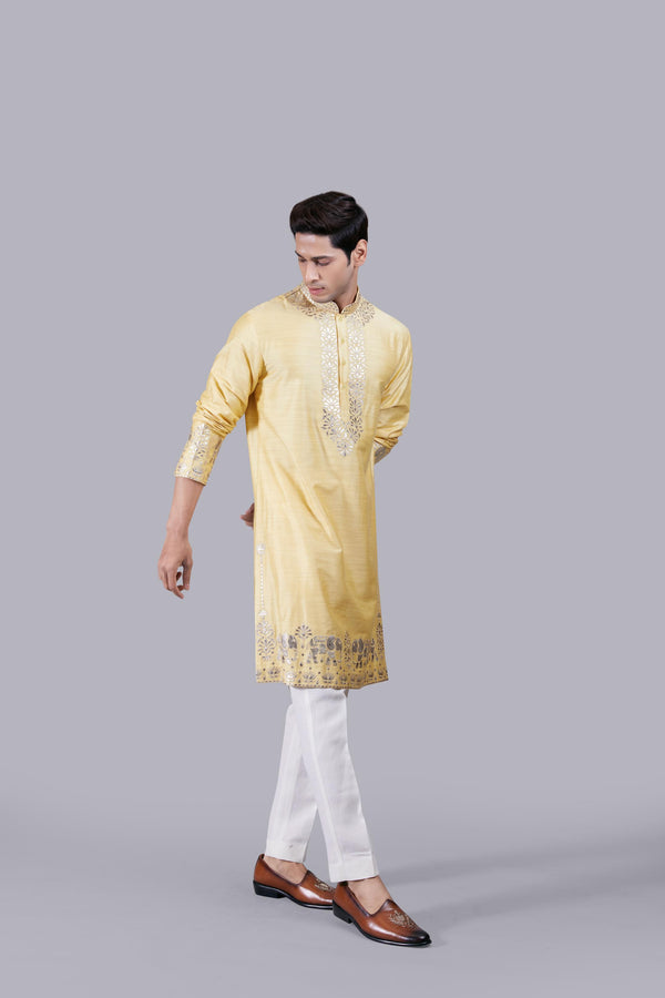 YELLOW SILK THREAD WORK KURTA SET