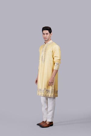 YELLOW SILK THREAD WORK KURTA SET