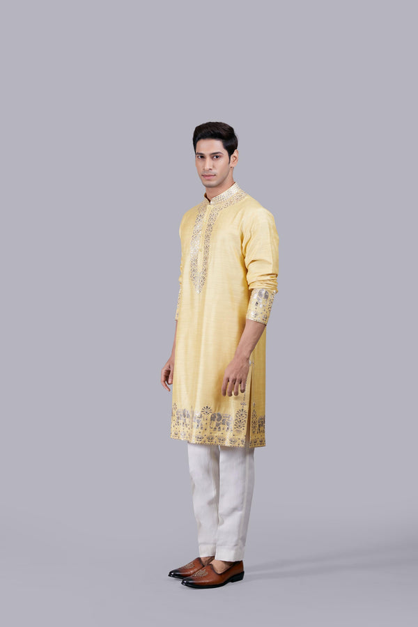 YELLOW SILK THREAD WORK KURTA SET