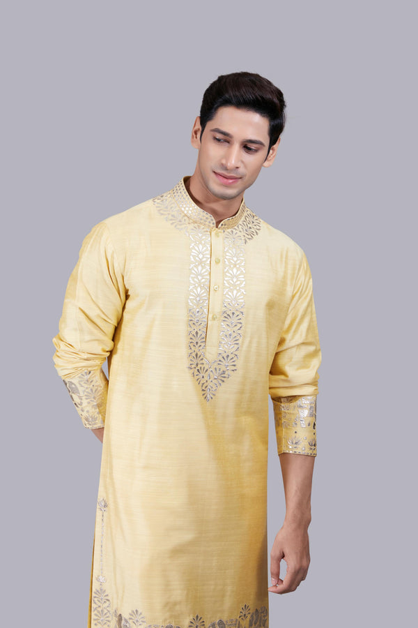 YELLOW SILK THREAD WORK KURTA SET