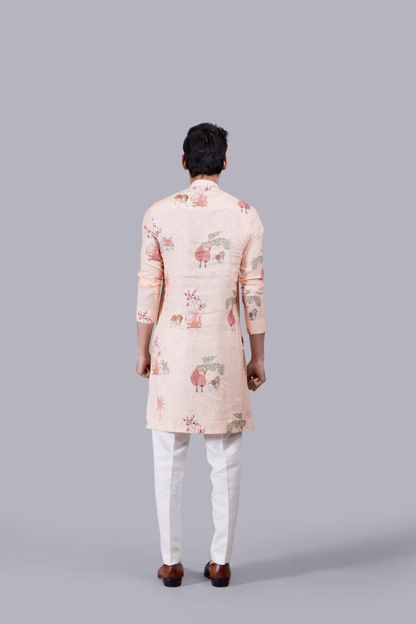 PEACH DIGITAL PRINT LINEN THREAD WORK KURTA SET