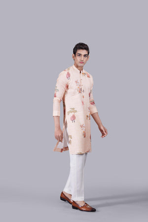 PEACH DIGITAL PRINT LINEN THREAD WORK KURTA SET