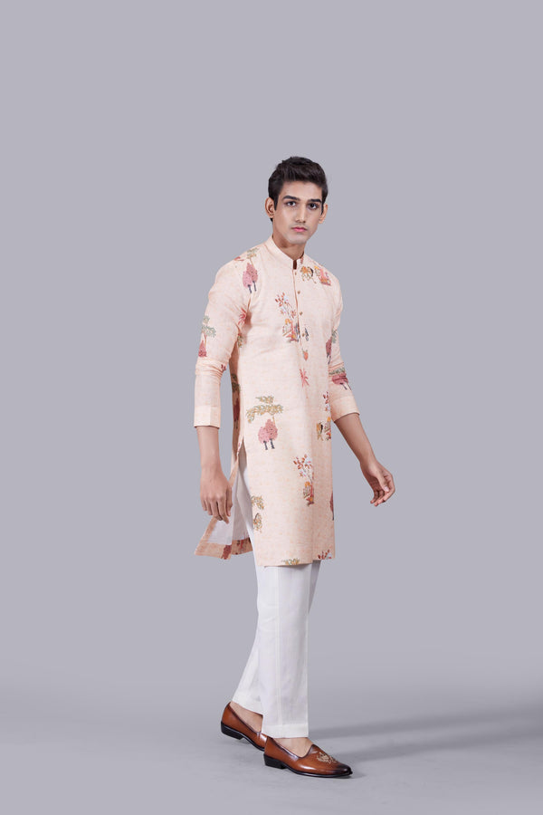 PEACH DIGITAL PRINT LINEN THREAD WORK KURTA SET