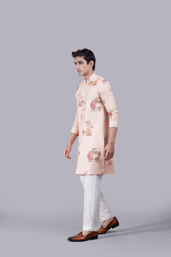 PEACH DIGITAL PRINT LINEN THREAD WORK KURTA SET
