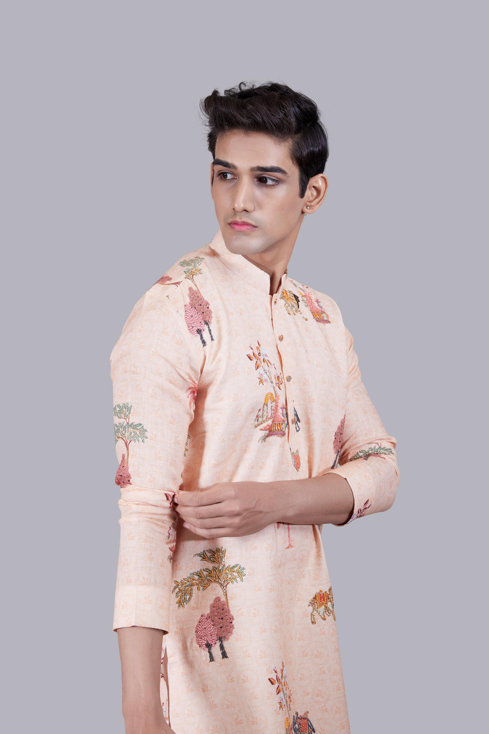PEACH DIGITAL PRINT LINEN THREAD WORK KURTA SET