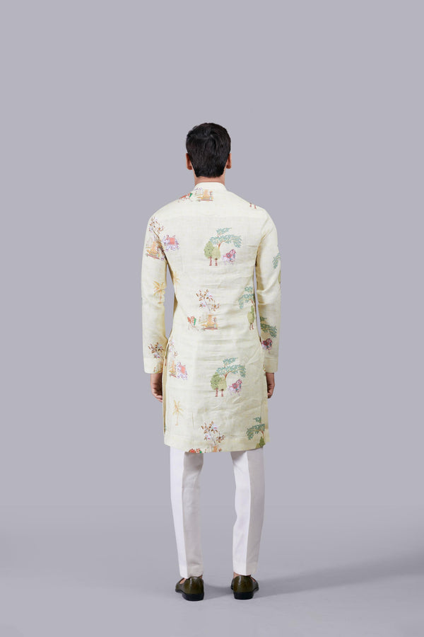 YELLOW DIGITAL PRINT LINEN THREAD WORK KURTA SET