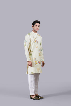 YELLOW DIGITAL PRINT LINEN THREAD WORK KURTA SET