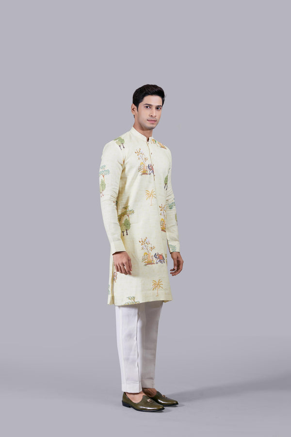 YELLOW DIGITAL PRINT LINEN THREAD WORK KURTA SET