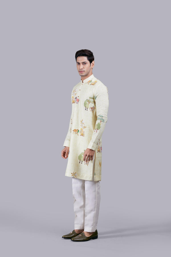 YELLOW DIGITAL PRINT LINEN THREAD WORK KURTA SET