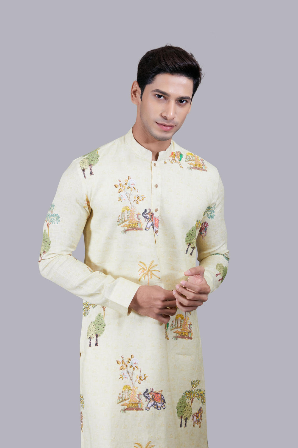 YELLOW DIGITAL PRINT LINEN THREAD WORK KURTA SET
