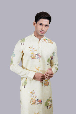 YELLOW DIGITAL PRINT LINEN THREAD WORK KURTA SET