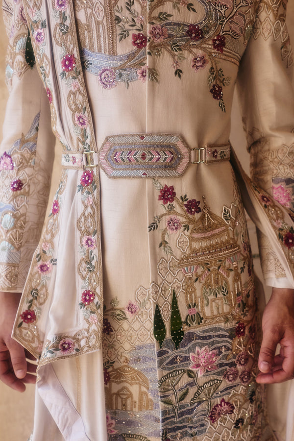 Cream Raw Silk Cutdana Zardosi Work Sherwani